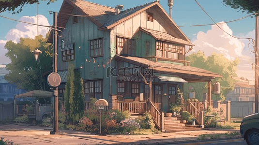 卡通背景免抠图背景图片_蓝色的房子楼房插画