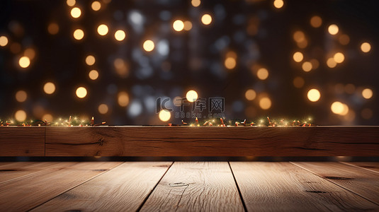 装饰有 3d 圣诞散景灯的木桌
