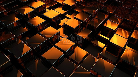 具有方形纹理图案优雅 3D 渲染的抽象橙色和黑色背景