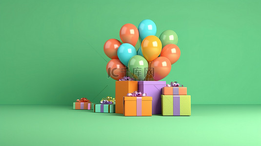 绿色礼物盒背景图片_3d 绿色背景下充满活力的气球和礼品盒