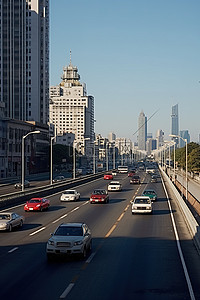 开车穿过河边大型建筑物附近的繁忙道路