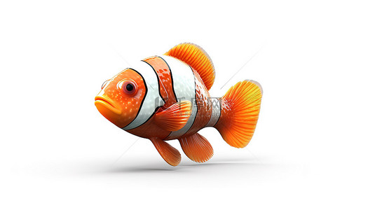 自然可爱背景图片_3d 渲染白色背景与卡通红海小丑鱼