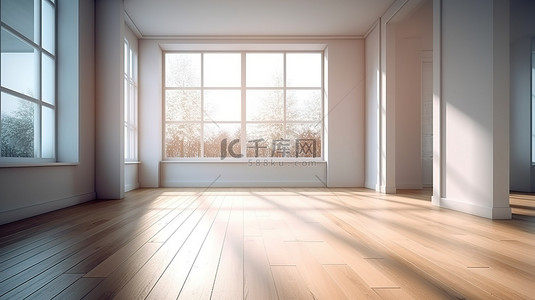 现代简约主义 3D 渲染空房间，配有强化木地板和白墙上的窗户阴影