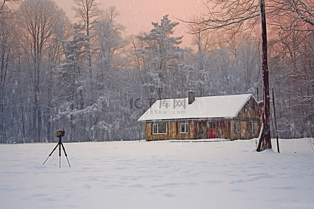 房子和森林上空的冰冻天空拍摄照片