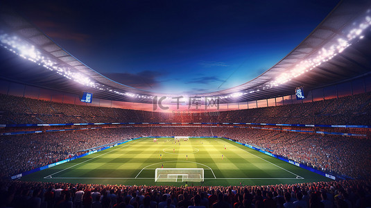 夜间熙熙攘攘的足球场挤满欢呼的球迷的 3D 插图