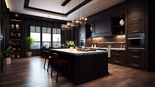 现代风格的经典设计 3D 渲染的深色木质厨房