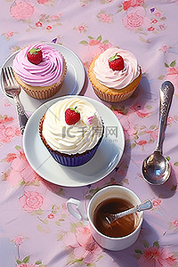 纸杯蛋糕一杯茶和一把勺子坐在桌子旁边