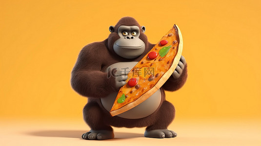 一只搞笑的 3D 大猩猩，性格胖胖，展示着标志和披萨
