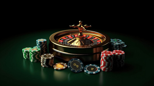 黑色背景扑克牌背景图片_黑色背景，带有 3D 渲染的轮盘赌轮 Ace 扑克牌筹码，并在赌场在线设置中玩骰子