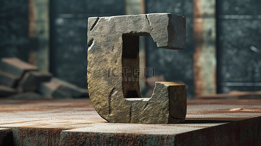 木质背景上混凝土实心石标记中好奇的 3D 符号 3D 渲染中不规则混凝土字母字体字符