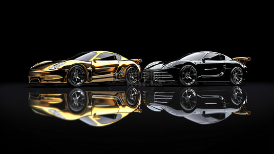 网红车展背景图片_时尚的 3D 渲染，一对光滑的玩具车并排放置在反光的黑色表面上