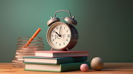 早起的学生背景图片_铅笔书和闹钟的插图是学校的概念