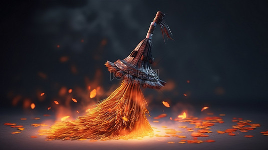 万圣节女巫骑着扫帚的 3D 插图