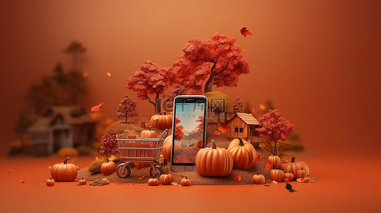 秋季启发移动在线购物概念的 3D 渲染