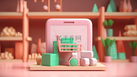应用商店界面背景图片_在线购物应用程序的 3D 渲染概念