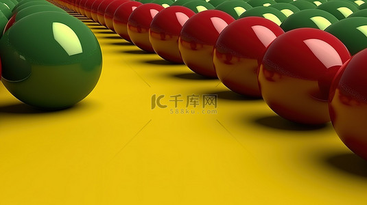 令人惊叹的 3D 抽象基元渲染，采用充满活力的黄色和绿色，背景中有一个引人注目的红球