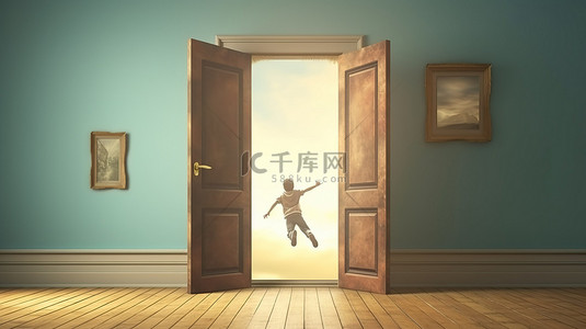 男生背景图片_概念化成功的 3D 卡通画，一个孩子飞过一扇有复制空间的门