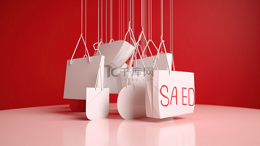 销售盛宴 3D 渲染白色标志购物袋和大胆红色背景上的销售标签