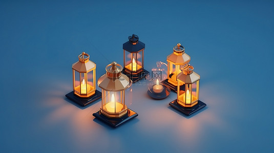 黑色文化背景背景图片_浮动等距蜡烛灯笼的 3d 插图