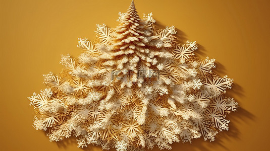 壁纸雪花背景图片_金色纸雪花圣诞树的 3d 插图