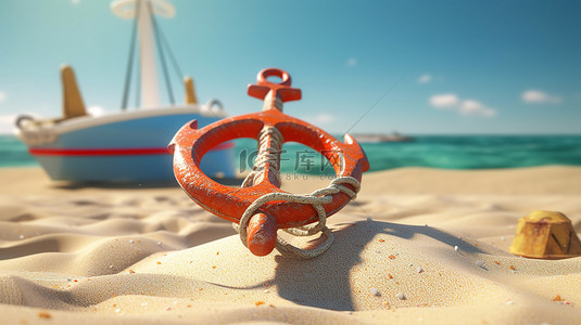 阳光明媚的海滩上航海锚和救生圈的极端特写 3D 渲染