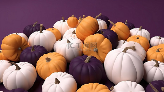 紫色背景下 3D 渲染中白色和橙色南瓜的平铺