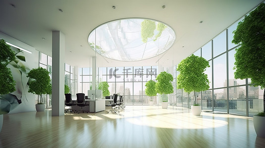 创建可持续的工作场所 生态友好型办公室设计的 3D 渲染
