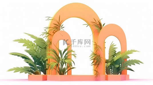 现实场景背景图片_带有热带叶子和 3d 渲染背景中三个橙色拱门的抽象讲台