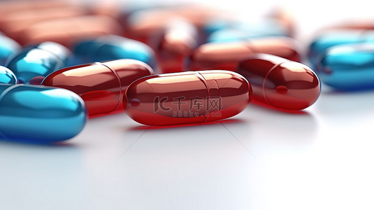 医疗卫生宣传展板背景图片_浅色背景上充满活力的红色和蓝色胶囊药丸 3D 插图