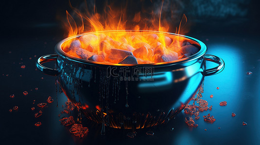 带有 3D 渲染大锅着火的未来加密厨房