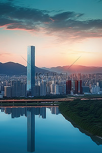 台北背景图片_日落时的城市景观与靠近水的台北天际线