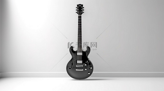 复古风格的黑色电吉他摆在 3D 创建的白墙上
