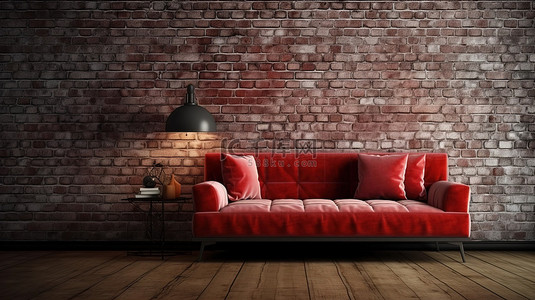 充满活力的红色沙发和坐垫套装，装饰着别致的地毯和木地板，搭配 3D 渲染的空砖墙
