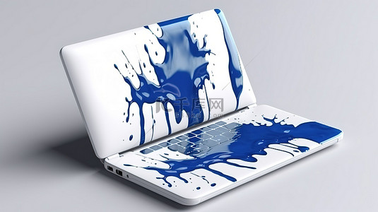 溅有蓝色油漆斑点的笔记本电脑的 3D 插图