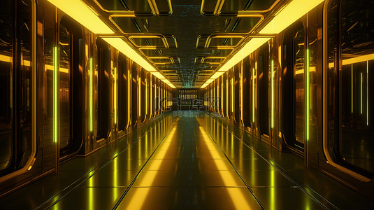 具有 3D 反射的未来霓虹黄灯空间走廊