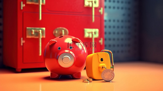 货币安全背景图片_储钱罐和带有复制空间的封闭保险箱的储蓄和安全 3D 插图