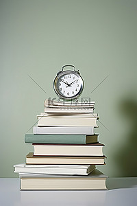 书本叠放背景图片_书本叠放在一起，而时钟则显示在背景中