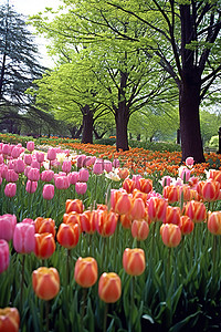 合成的背景图片_美丽的田野，有色彩缤纷的粉红色郁金香和绿树