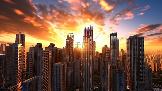 令人惊叹的 3D 渲染背景中城市摩天大楼的日落