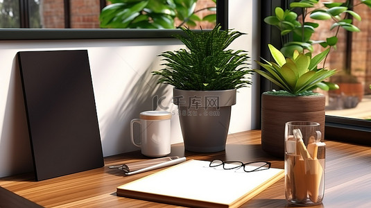 木质办公桌上黑色平板电脑的 3D 渲染，带有空白纸列表黑色键盘和花瓶中的绿色植物