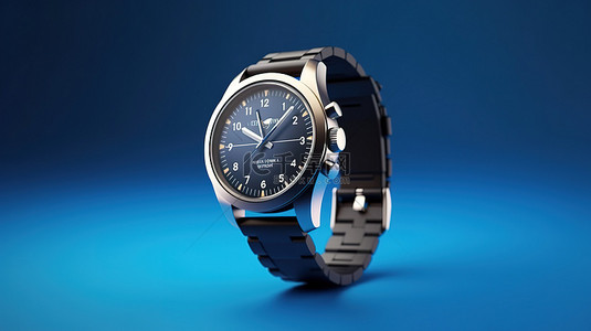 现代智能手表概念黑色飞行员手表，蓝色背景上配有白色喷气式乘客飞机
