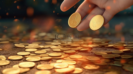 层叠字背景图片_金融投资手持金币和硬币层叠在地板上 3D 渲染插图