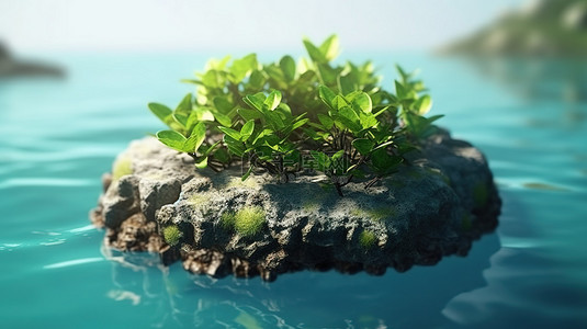 生态友好的岩石支架，海洋中郁郁葱葱的绿色植物创新的 3D 产品展示