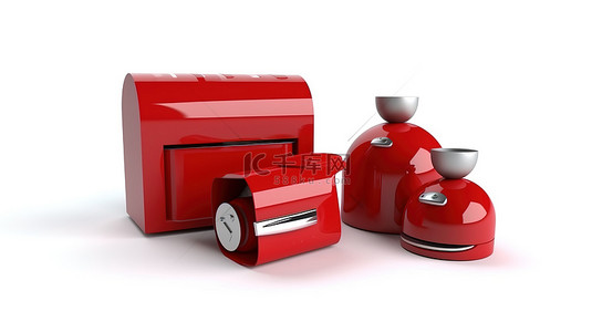 一个红色邮箱，里面装满了一套厨房用具，背景是 3d 所示的干净白色