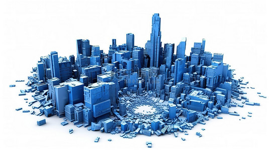 白色背景与蓝色大城市交叉的 3D 渲染