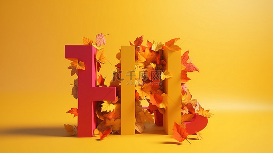 黄色背景上“你好秋天”文本的 3d 渲染