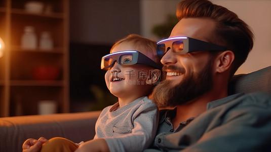 快乐男孩背景图片_快乐的大胡子爸爸和儿子通过 3D 电视体验建立联系