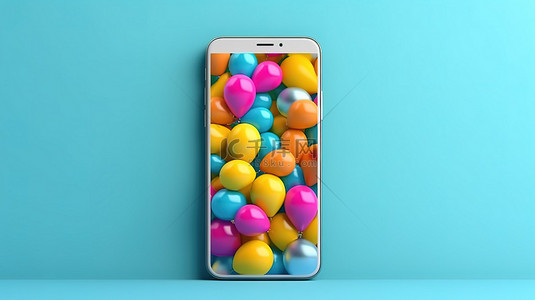 蓝色背景下带有充满活力的气球的手机的时尚和现代 3D 渲染