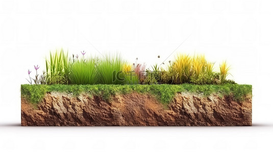 白色背景下土壤层和绿草横截面的 3d 渲染