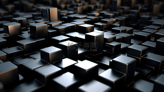 黑金背景图片_黑色背景下金属立方体抽象背景中扭曲几何形状的 3D 渲染插图